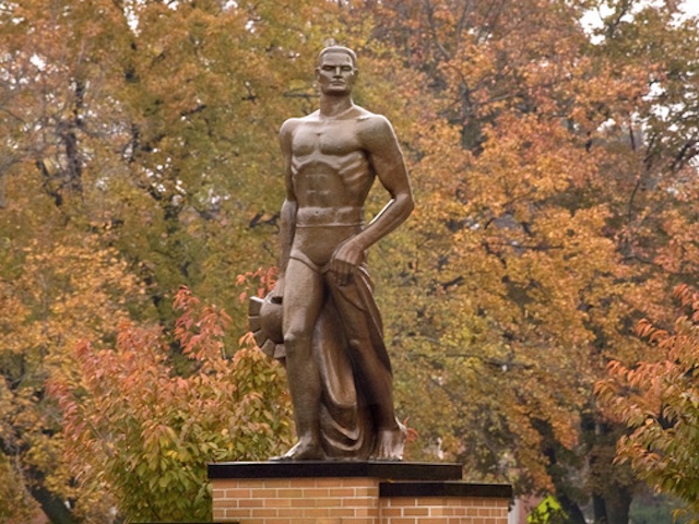 Sparty statue on a fall day