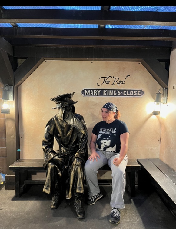 Sevda_Bench Statue_Scotland Sevda on Bench with Statue in Scotland