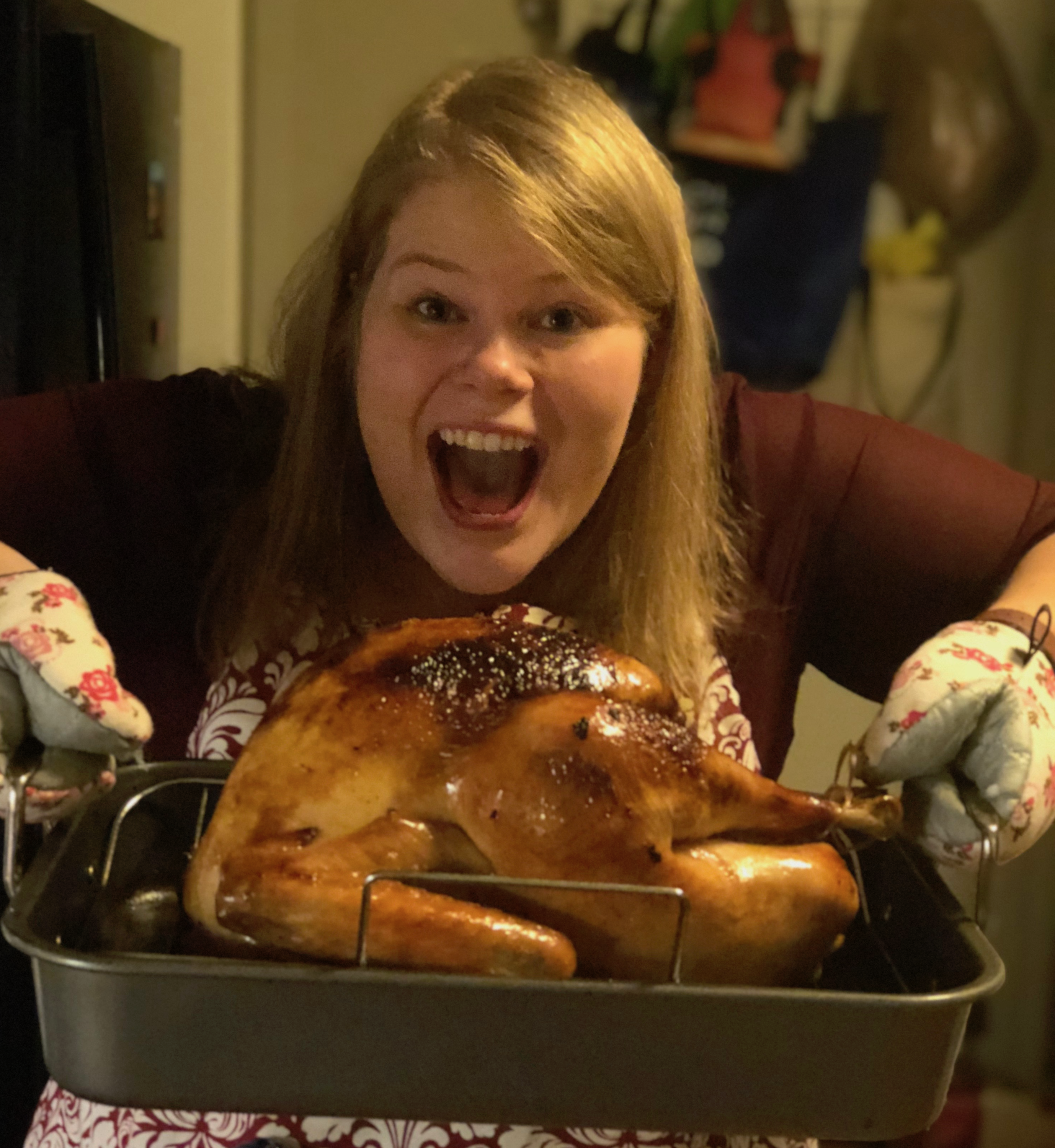 Sarah baking a turkey